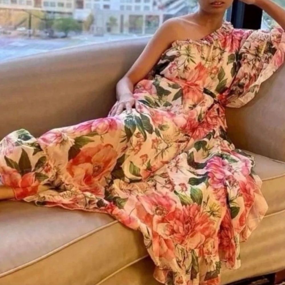 Dalia MacPhee One Shoulder Floral Ruffle Dress Size Medium